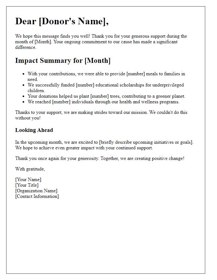 Letter template of monthly donation impact summary