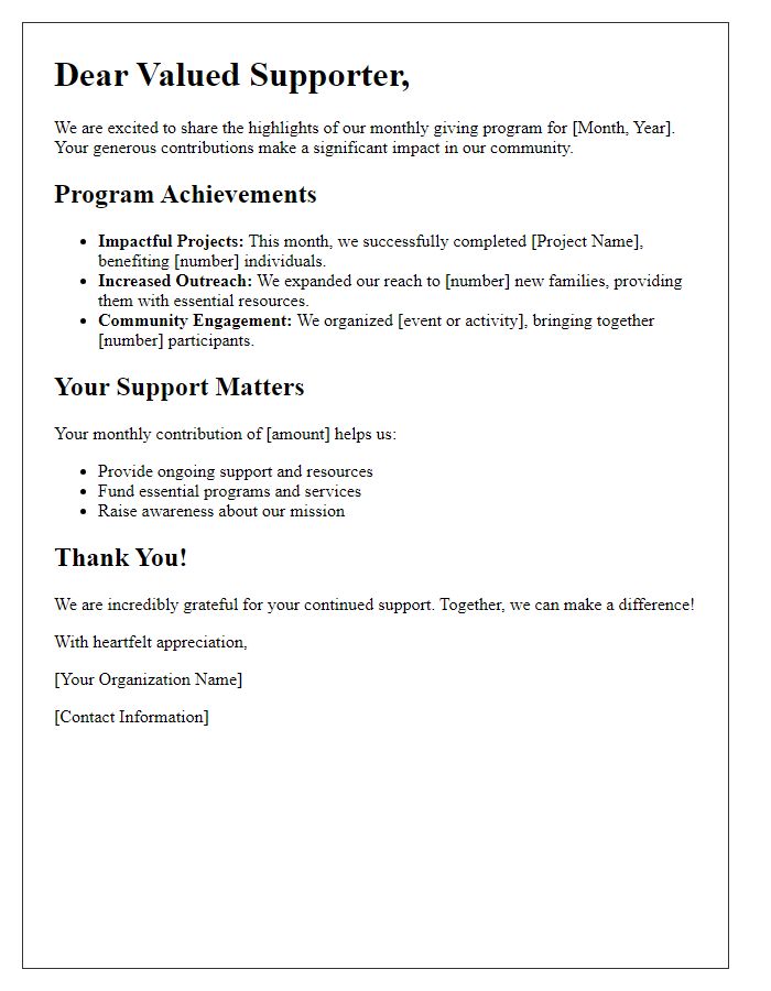 Letter template of monthly giving program highlights