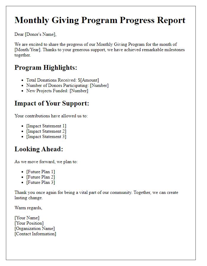 Letter template of monthly giving program progress report