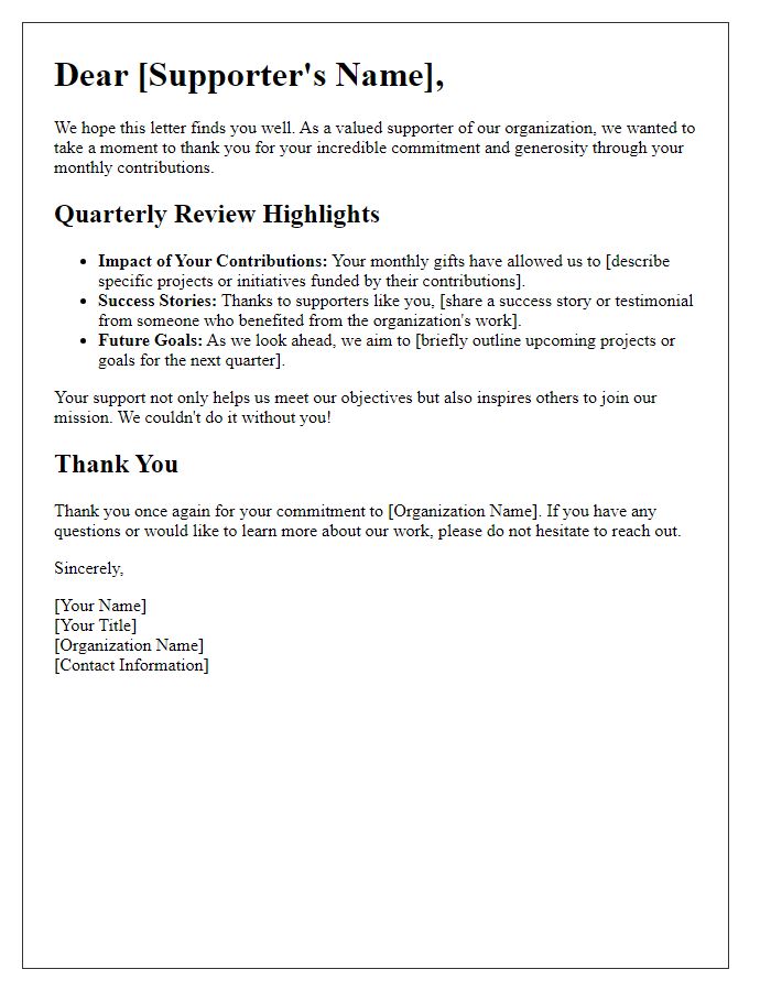 Letter template of quarterly review for monthly giving supporters