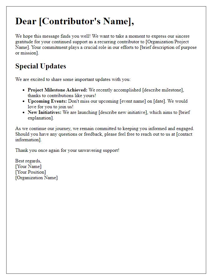 Letter template of special updates for recurring contributors