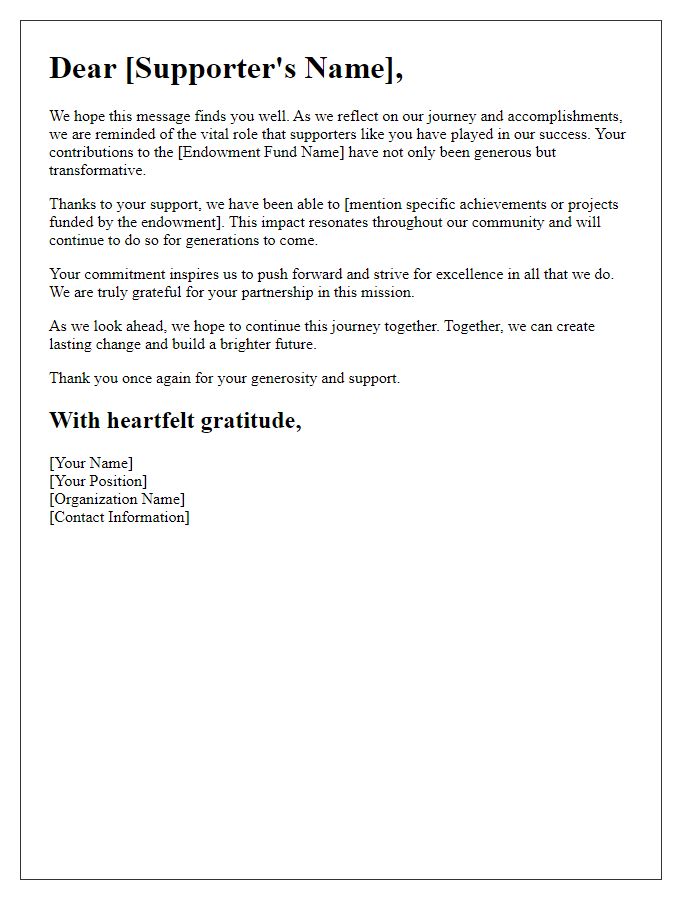 Letter template of tribute to endowment fund supporters.