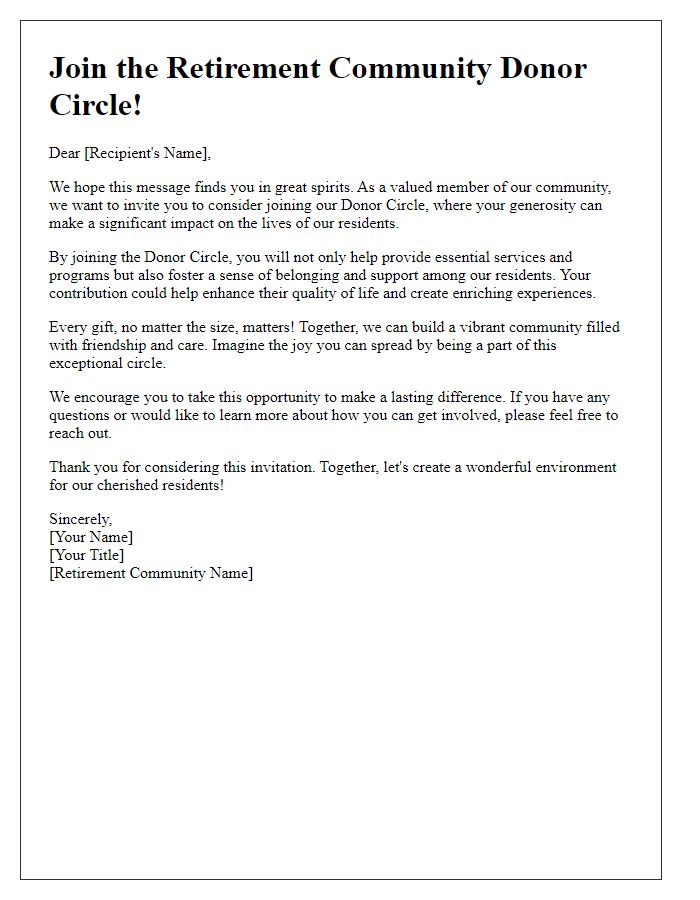 Letter template of encouragement to join the retirement community donor circle