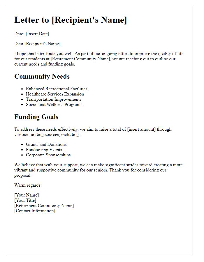 Letter template of outlining retirement community needs and funding goals