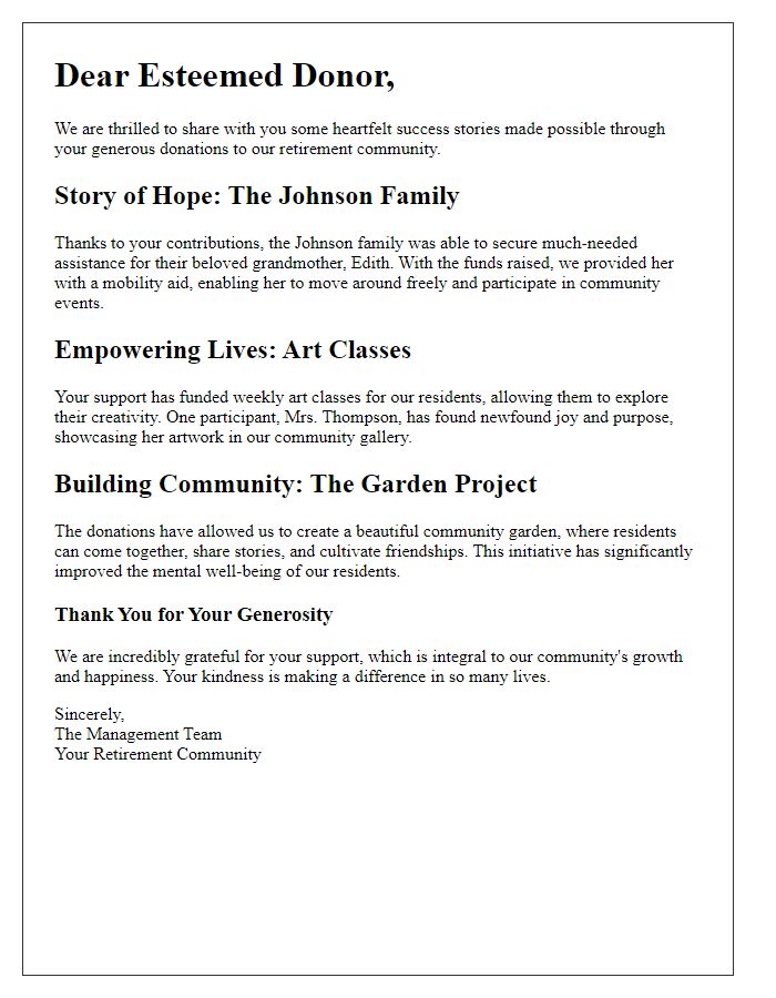 Letter template of success stories from retirement community donations