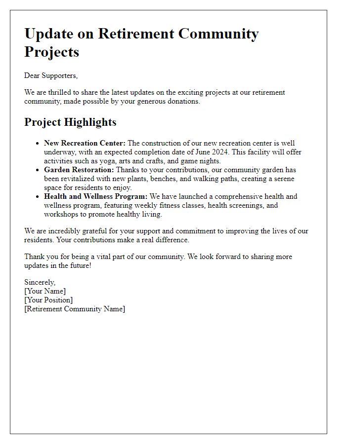 Letter template of updates on retirement community projects funded by donors