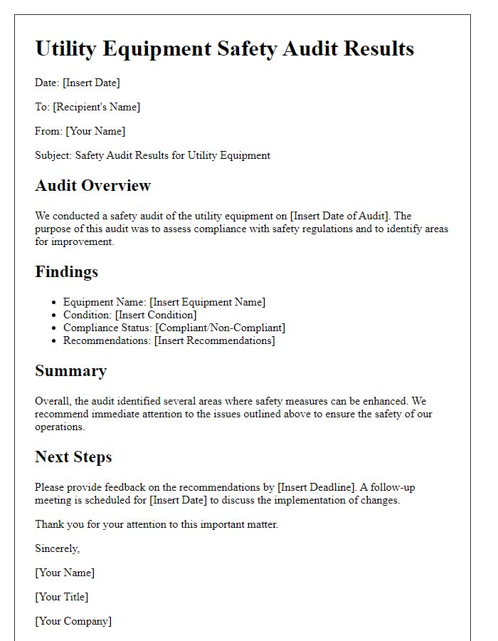 Letter template of utility equipment safety audit results