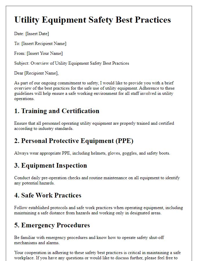 Letter template of utility equipment safety best practices overview