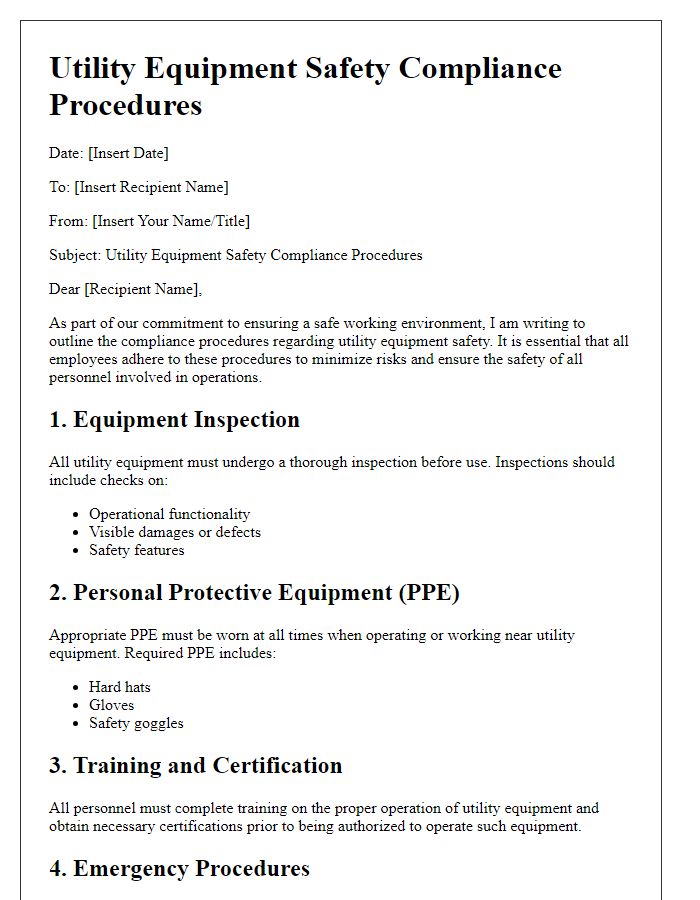 Letter template of utility equipment safety compliance procedures