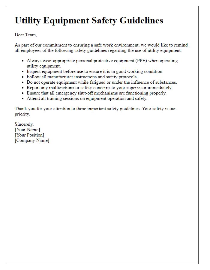 Letter template of utility equipment safety guidelines for employees