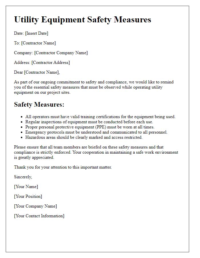 Letter template of utility equipment safety measures for contractors