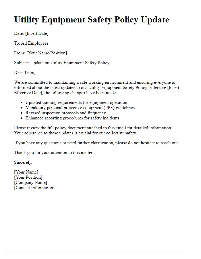 Letter template of utility equipment safety policy updates