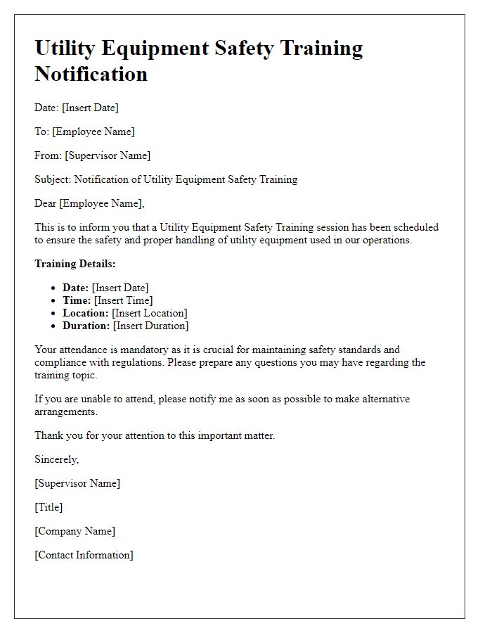 Letter template of utility equipment safety training notification