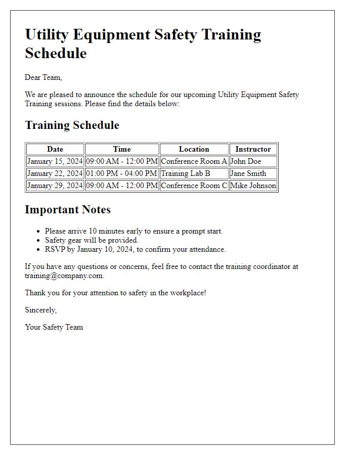 Letter template of utility equipment safety training schedule