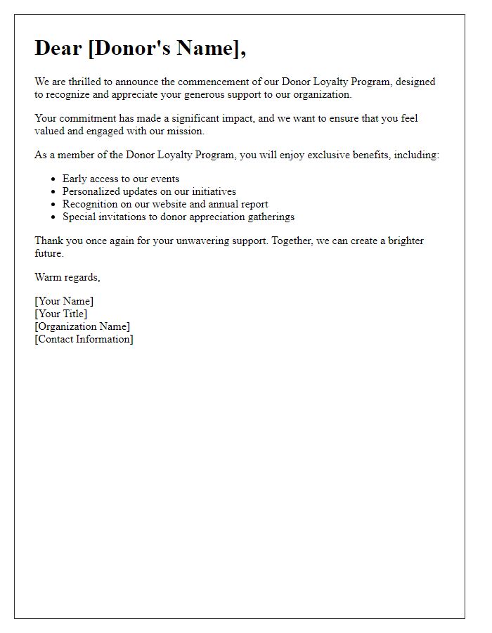 Letter template of donor loyalty program commencement