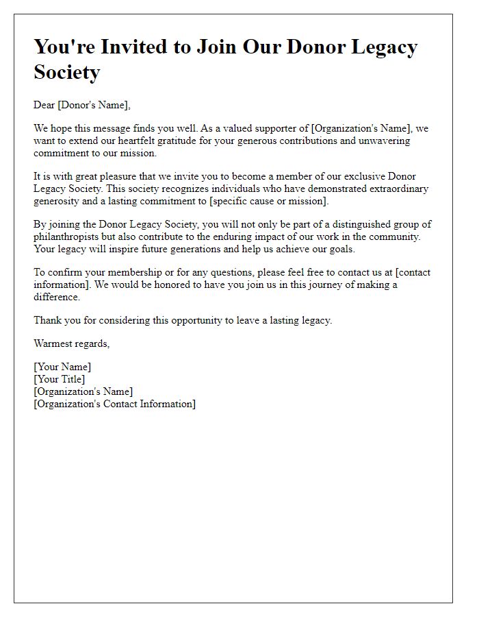 Letter template of gracious invitation to join the donor legacy society.