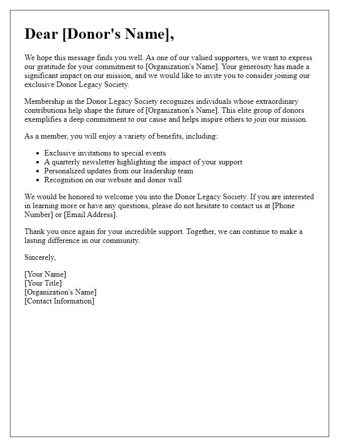 Letter template of personalized outreach for donor legacy society membership.