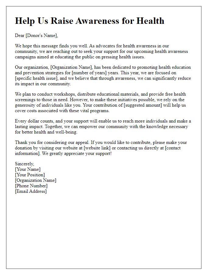 Letter template of appeal for donations to health awareness campaigns