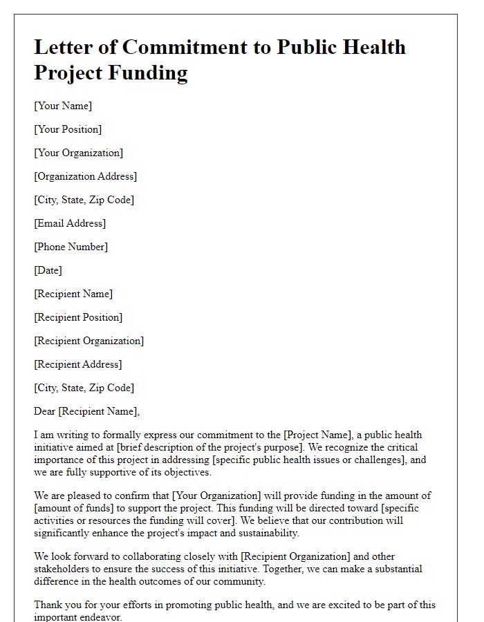 Letter template of commitment to public health project funding