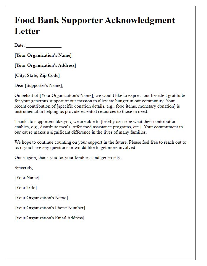 Letter template of acknowledgment for food bank supporters