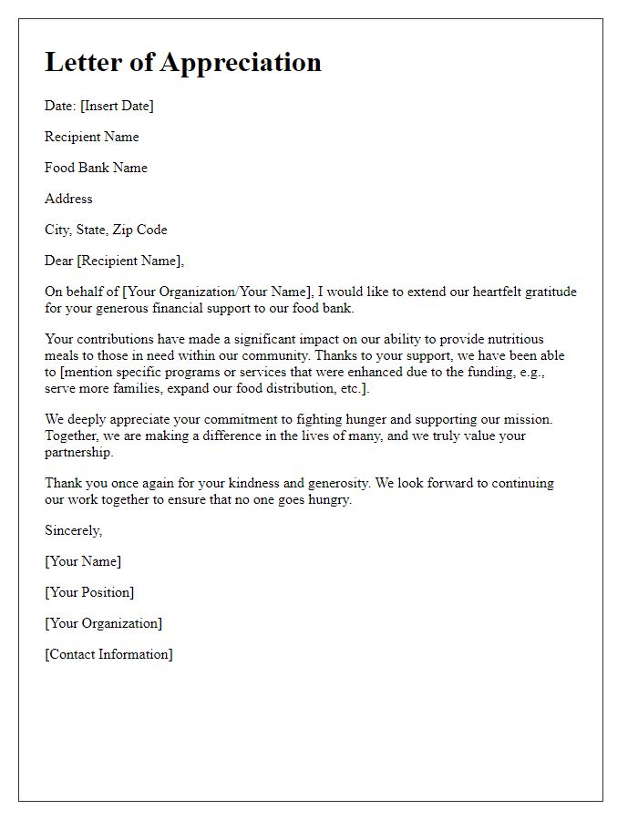 Letter template of appreciation for food bank financial support