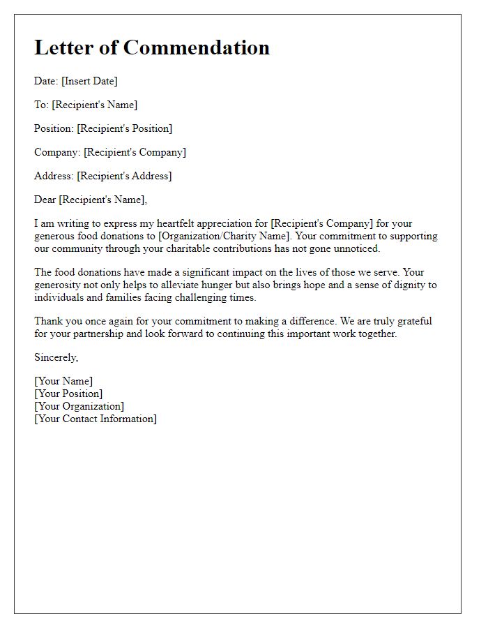 Letter template of commendation for company food donations