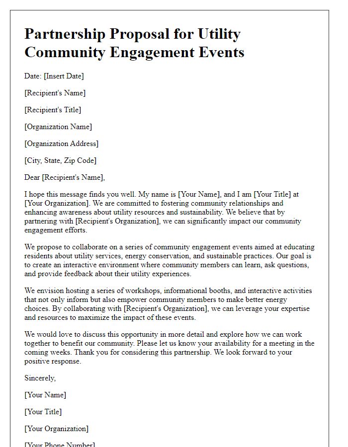 Letter template of partnership proposal for utility community engagement events.