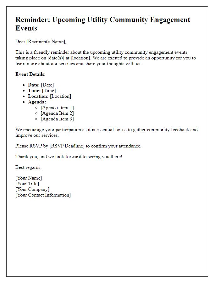 Letter template of reminder for utility community engagement events.