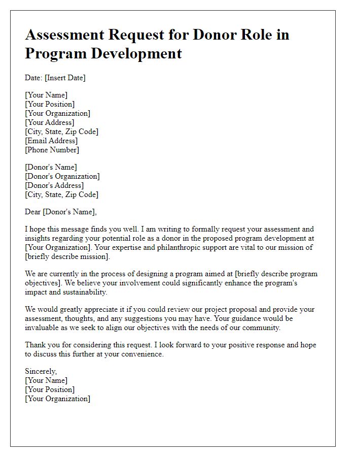 Letter template of assessment request for donor role in program development.