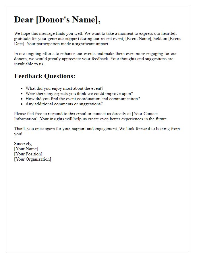 Letter template of donor engagement feedback request for event coordination.