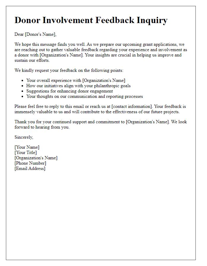 Letter template of donor involvement feedback inquiry for grant applications.