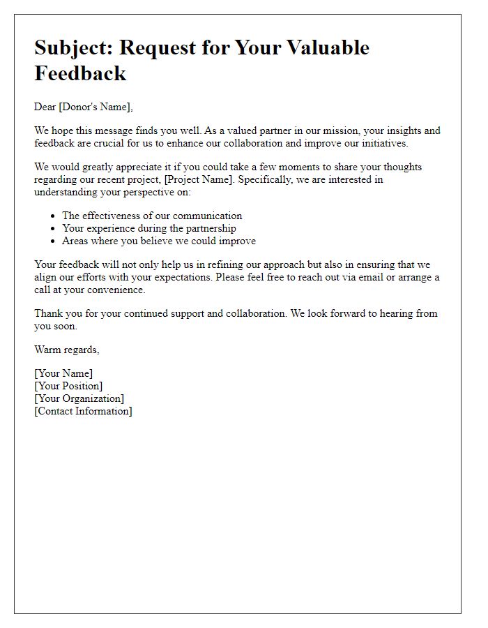 Letter template of feedback request aimed at enhancing donor collaboration.