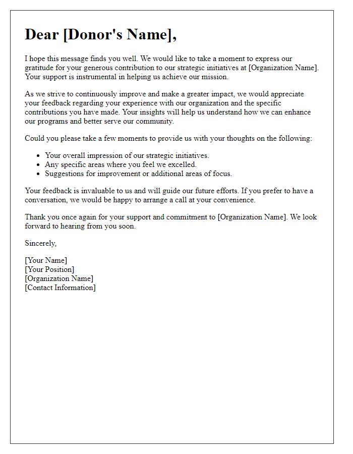 Letter template of feedback request for donor contribution to strategic initiatives.