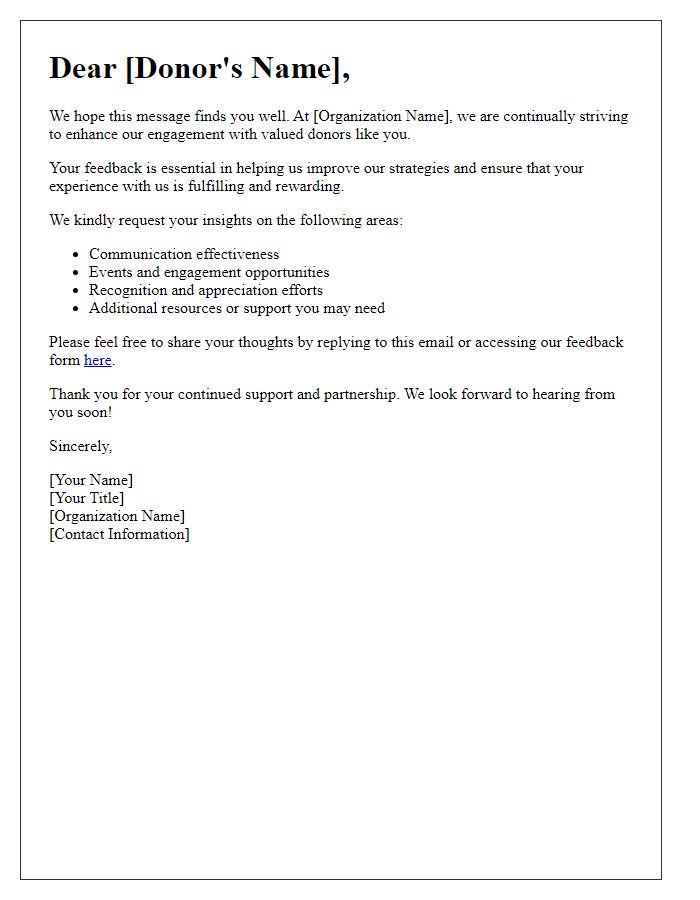 Letter template of feedback solicitation for improved donor engagement strategies.