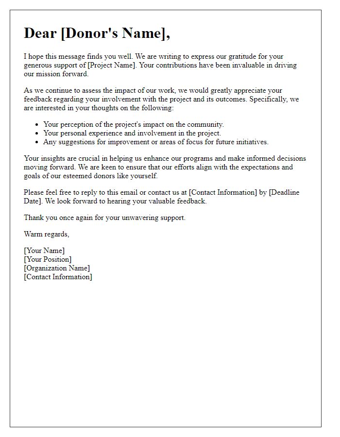 Letter template of request for donor feedback on project impact and involvement.