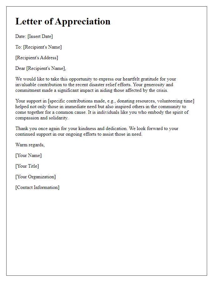 Letter template of appreciation for your contribution to disaster relief