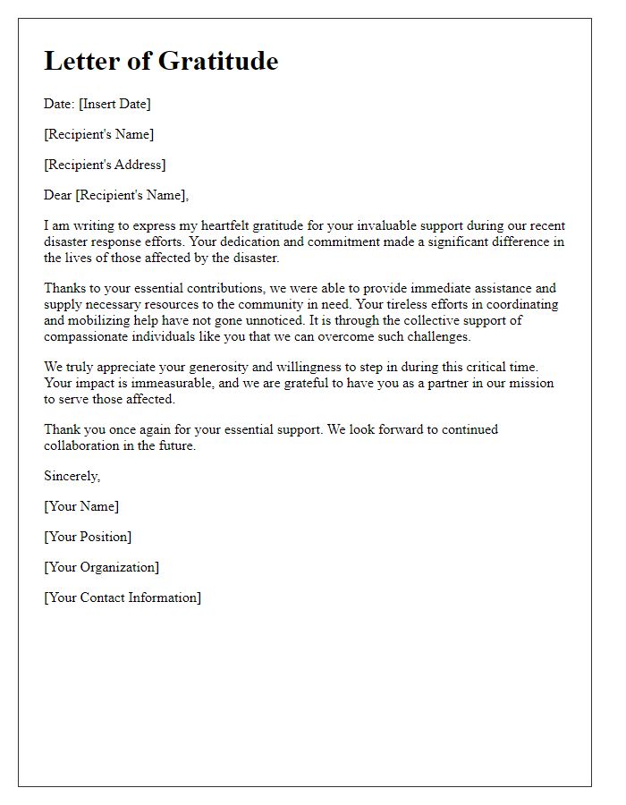 Letter template of gratitude for your essential support in disaster response