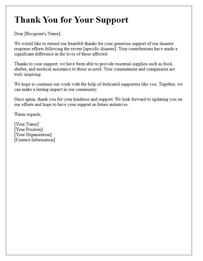 Letter template of thanks for supporting our disaster response efforts