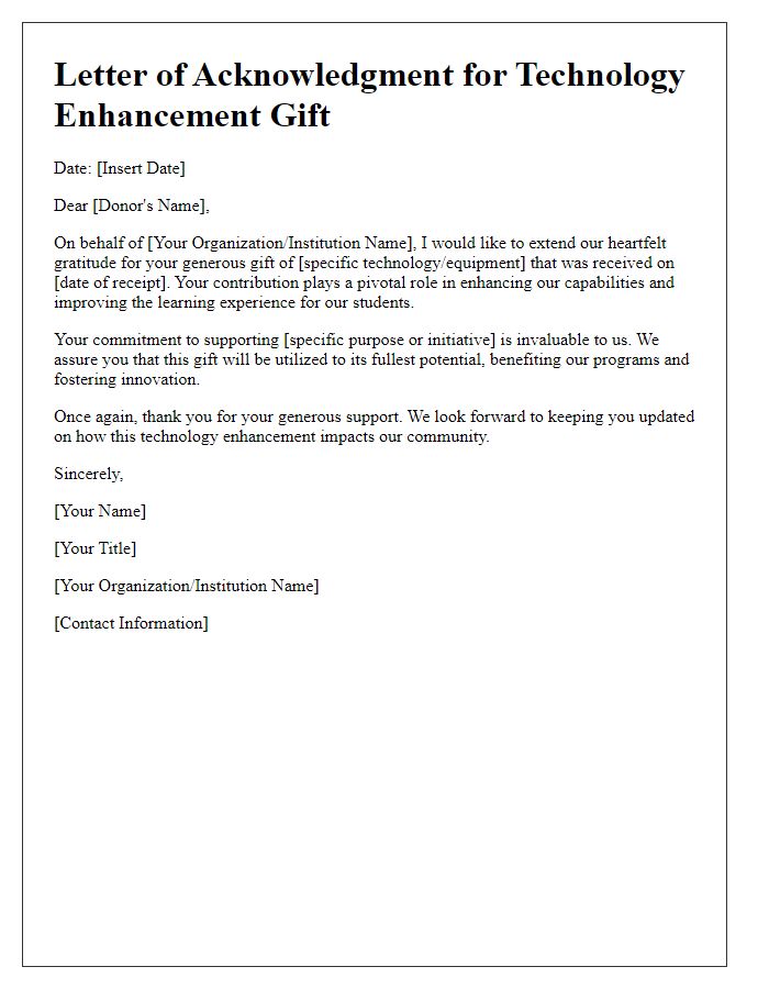 Letter template of acknowledgment for technology enhancement gift