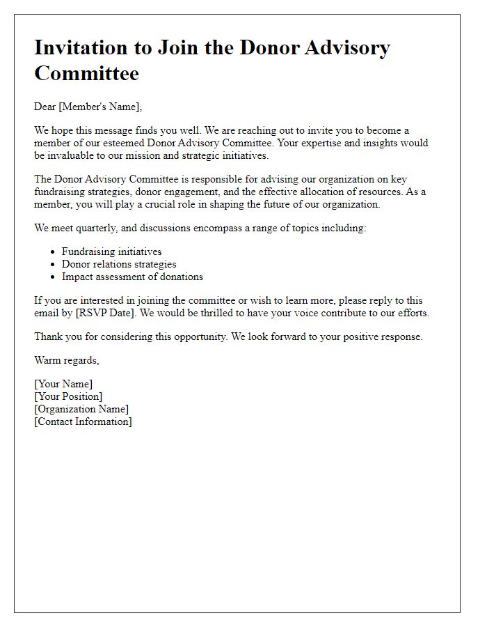 Letter template of call for members in the donor advisory committee