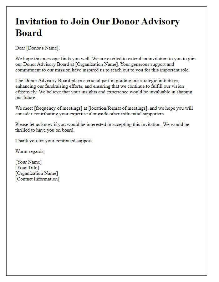 Letter template of invitation to contribute to the donor advisory board