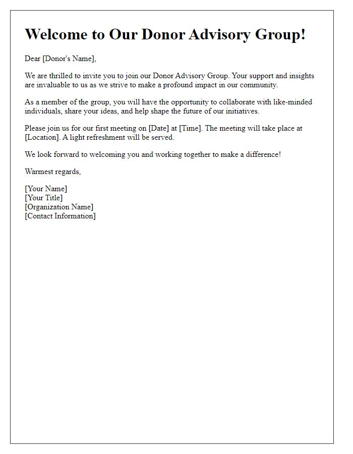 Letter template of welcome invitation for donor advisory group