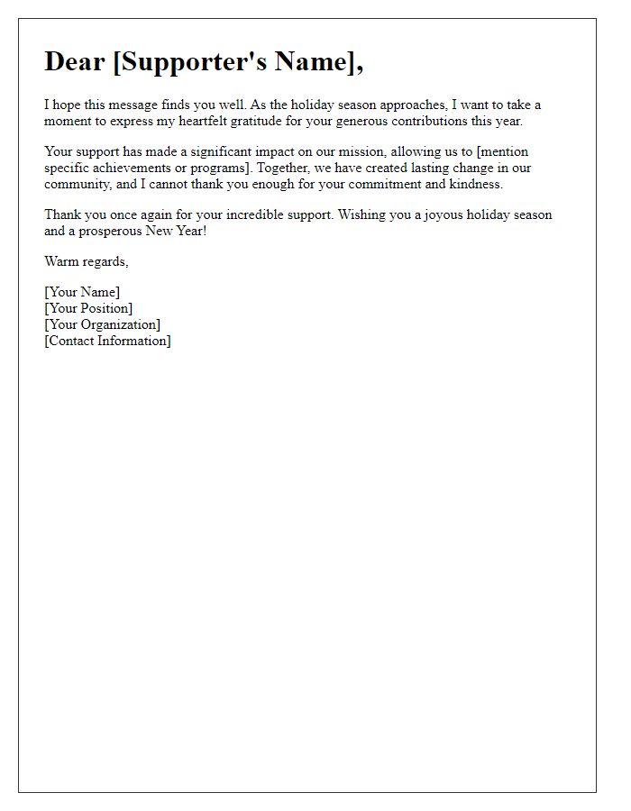 Letter template of gratitude for holiday contributions from supporters