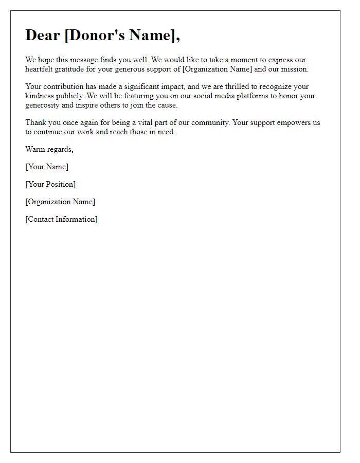 Letter template of appreciation for donor social media recognition.