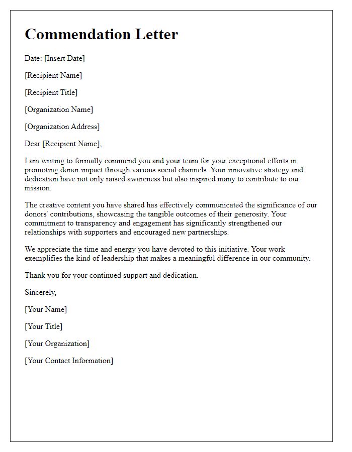 Letter template of commendation for promoting donor impact through social channels.