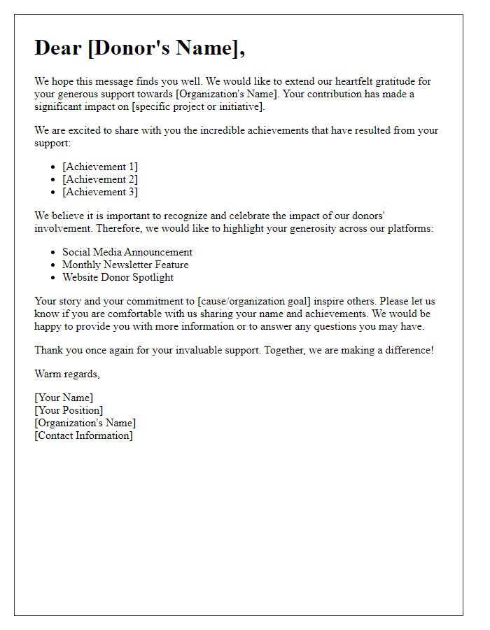 Letter template of respect for sharing donor achievements across platforms.