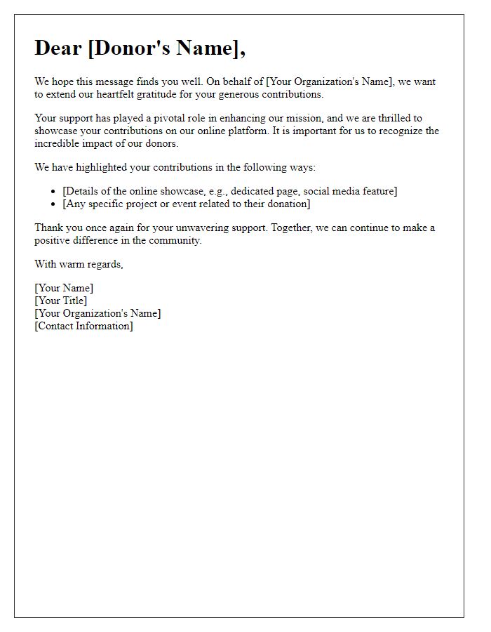 Letter template of thanks for showcasing donor contributions online.