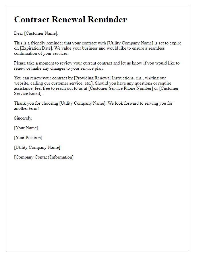 Letter template of utility automated services for contract renewal reminders.