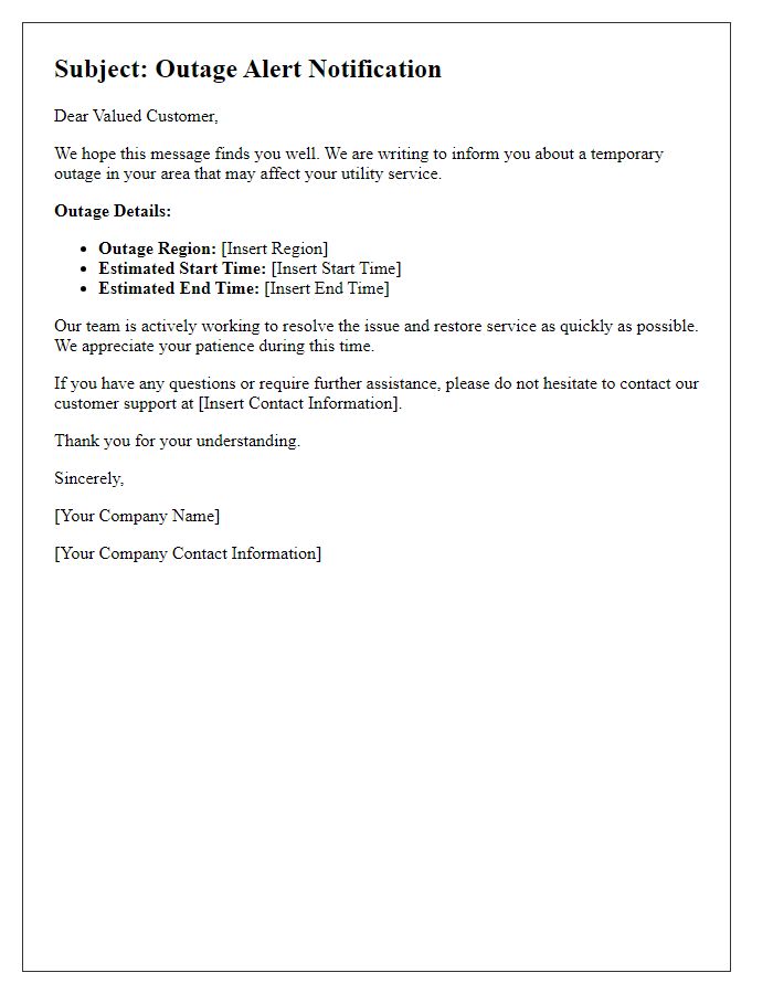 Letter template of utility automated services for outage alerts.