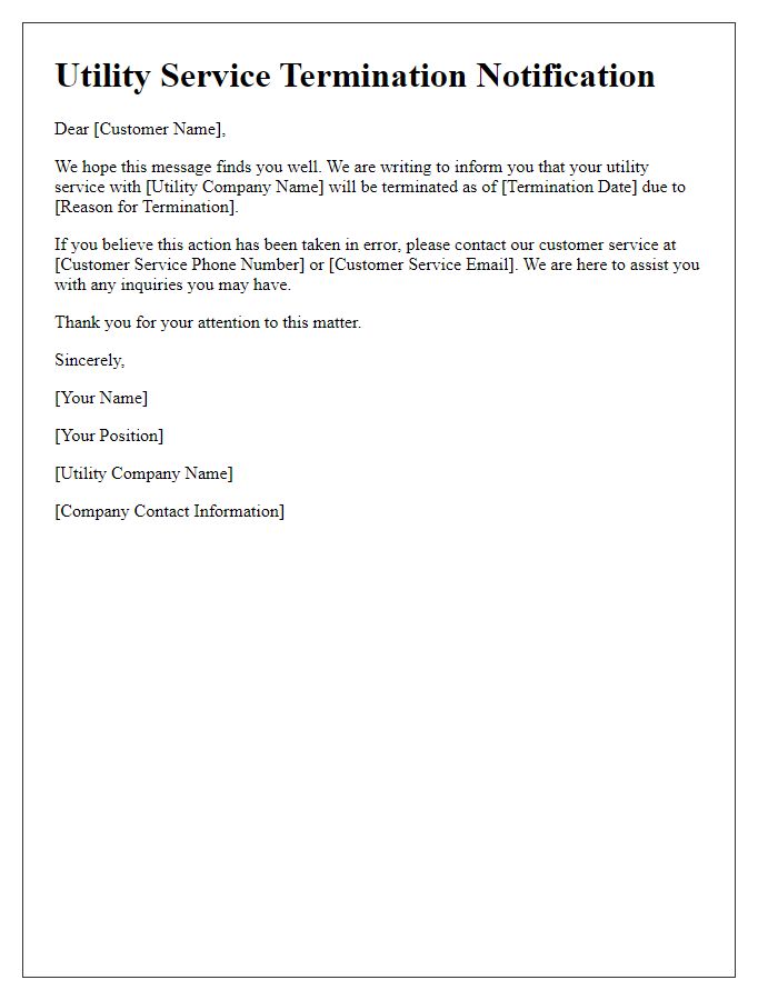 Letter template of utility automated services for service termination notification.